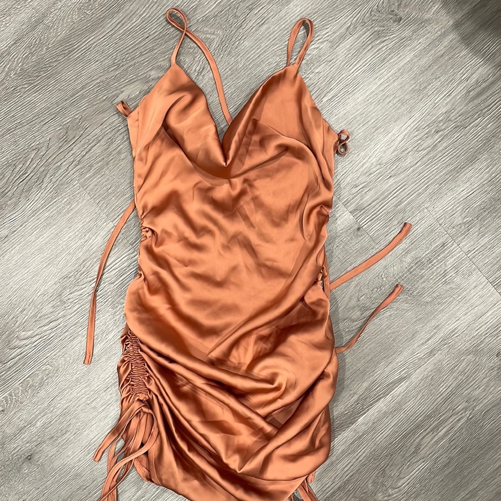 Satin ruched mini dress cowl neck